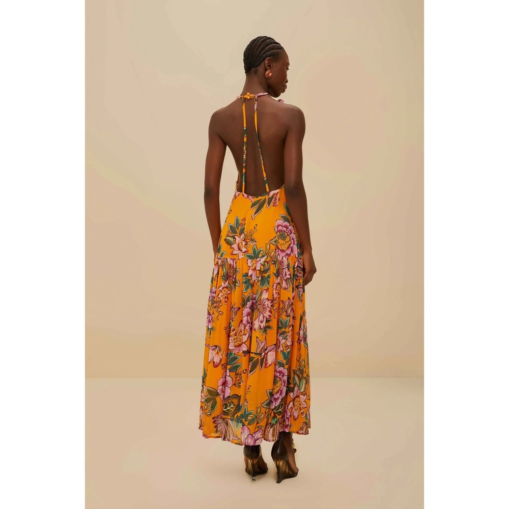 Farm Rio Wonderful Bouquet Orange Maxi Dress Floral Halter Flower Applique Small - Picture 3 of 10